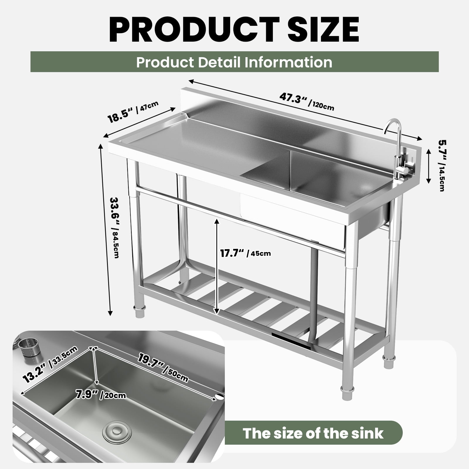 Commercial Kitchen Sink, 304 Commercial Stainless Steel Sink with Single Bowl Basin, Free Standing Utility Sink for Outdoor & Garage Cleaning