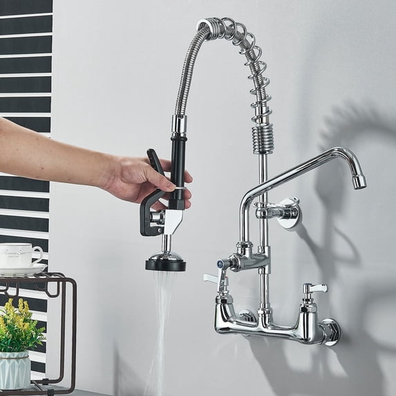 Commercial Kitchen Sink Faucet w/ Sprayer Pre-Rinse Chrome Pull Down Wall Mount Chrome finish