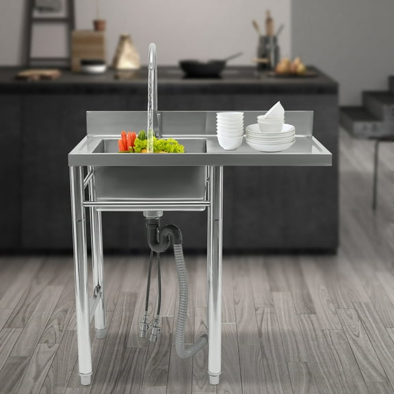 Commercial Kitchen Sink Prep Table with Faucet 304 Stainless Steel 1 Compartment for Washing Fruit, Vegetables, Bowls, Plate