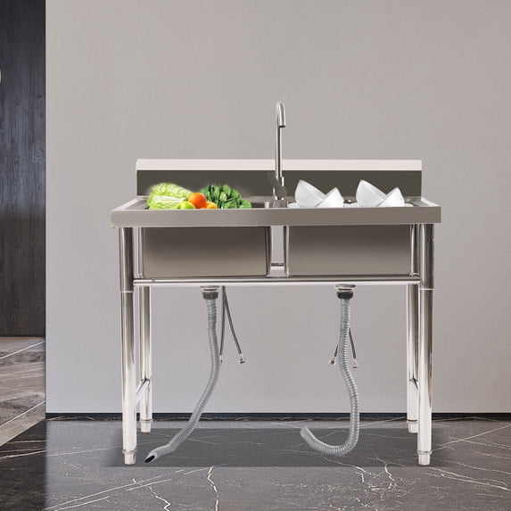 Commercial Kitchen Sink Stainless Steel 201 Double Compartments with Faucets