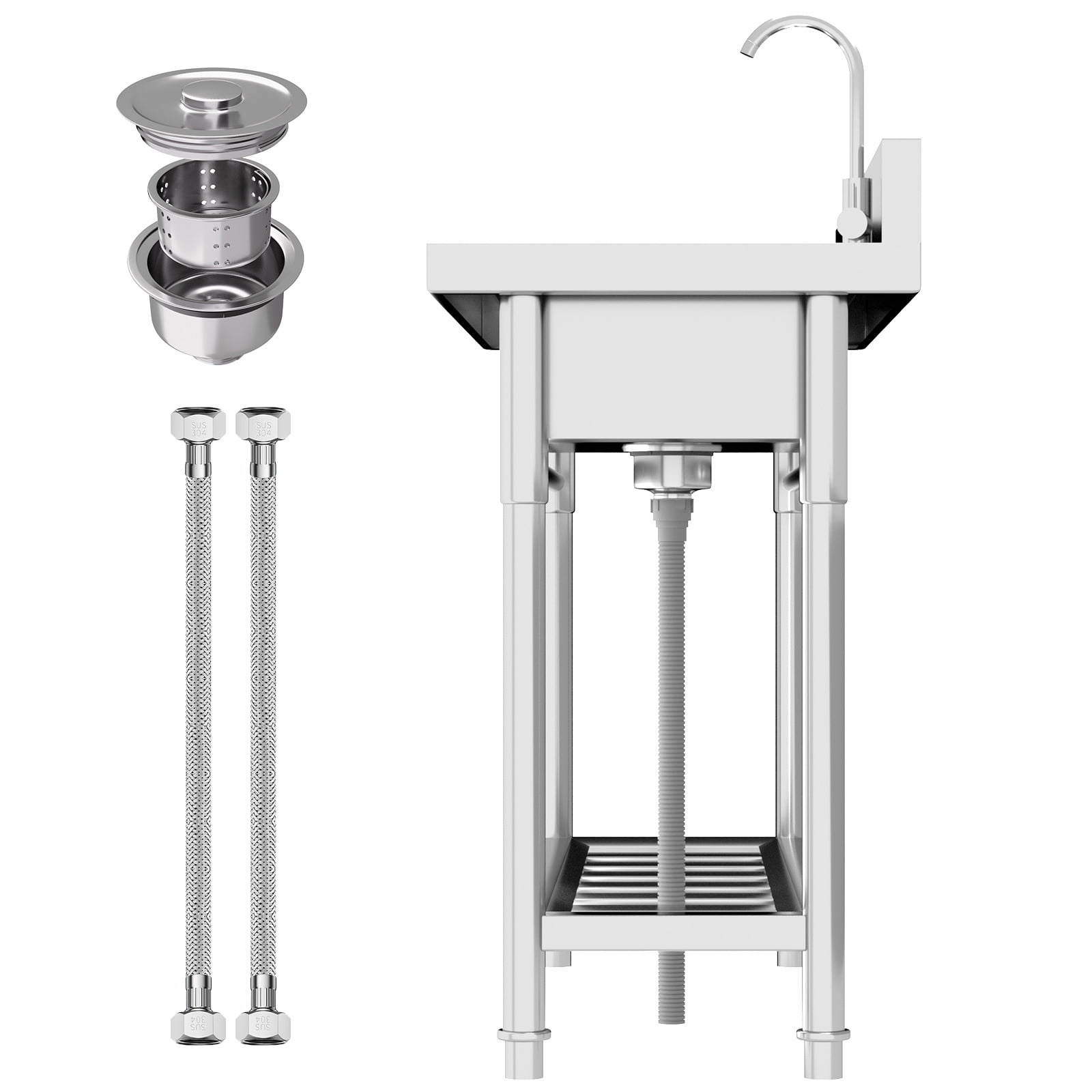 Commercial Kitchen Sink, Stainless Steel Utility Sink with Large Countertop, Free Standing Single Bowl Sink for Laundry Room & Outdoor Prep