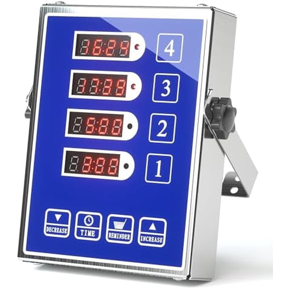 Commercial Kitchen Timer with 4 Channels, Digital Timer for Cooking, Loud Alarm Volume +/-, Food Truck Restaurant Supplies, Heavy Duty Stainless Steel Large Timers, Waterproof Panel & Memory Function