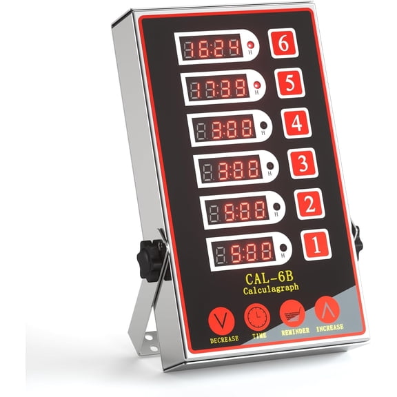 Commercial Kitchen Timer with 6 Channels, Professional LED Digital Timer for Cooking, Loud Alarm Volume +/-, Heavy Duty Stainless Steel Large Timers with Waterproof Panel & Memory Function