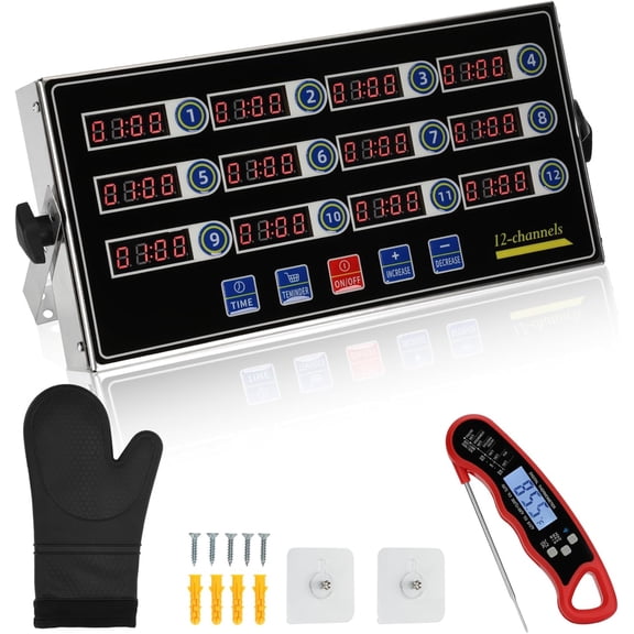 Commercial Kitchen Timers for Cooking, 12-Channel Timer Kitchens, Heavy-Duty Loud Alarm Restaurants, Stainless Steel, LED Technology