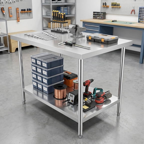 Commercial Kitchen Work Table 48" x 30", Stainless Steel Prep Table with Adjustable Undershelf and Feet, 920 LBS Capacity Heavy Duty Workstation for Restaurant