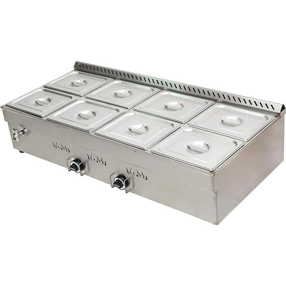 Commercial LP Gas Food Warmer Bain Marie Steam Table Stainless Steel 8-Pan with Pressure Relief Valve