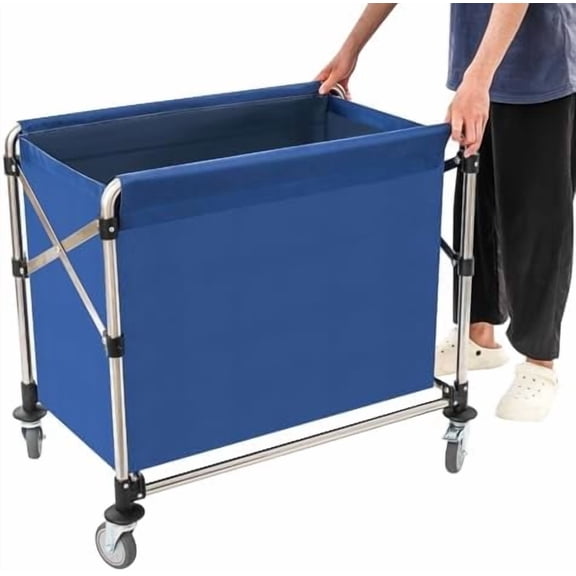 Commercial Laundry Cart with Wheels, 440lbs Capacity, Folding Laundry Basket with Removable Waterproof Oxford Cloth Basket, Heavy Duty Stainless Steel Laundry Hamper for Hotels, Hospital(Blue)
