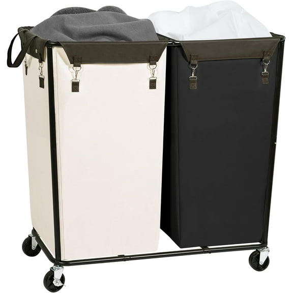 Commercial Laundry Hamper with Heavy Duty Steel Frame, 74 Gal. Industrial Laundry Basket Cart with Wheels for Hotel, Home, Laundry Room, Big Large Clothes Sorter, 2 Section Beige/Black