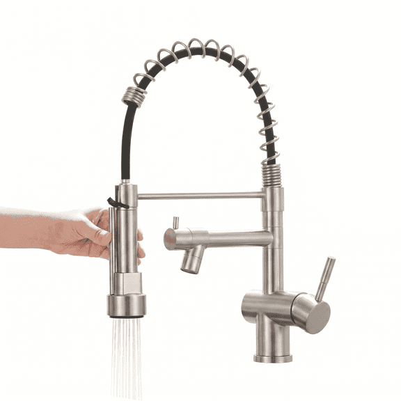 Commercial Brushed Nickel Kitchen Faucet – Pull-Down Sprayer, 304 Stainless Steel, Dual Water Modes, 360° Swivel, Single Handle for RV, Bar
