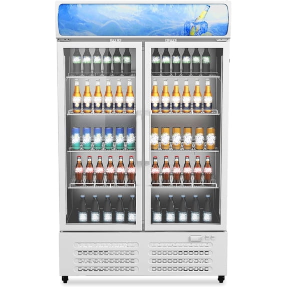 Commercial Merchandiser Refrigerator, 2 Glass Door Display Refrigerator, 25.3 Cu. Ft Upright Beverage Display Cooler with LED Light, Adjustable Shelves