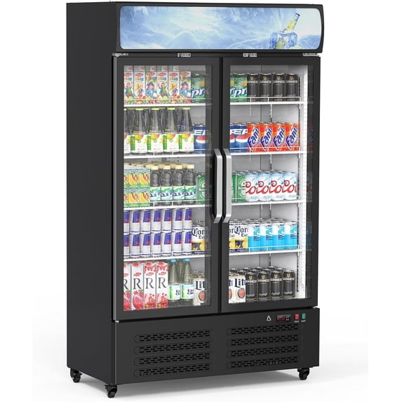 Commercial Merchandiser Refrigerator, 2 Glass Door Display Refrigerator, 25.3 Cu. Ft Upright Beverage Display Cooler with LED Light, Adjustable Shelves