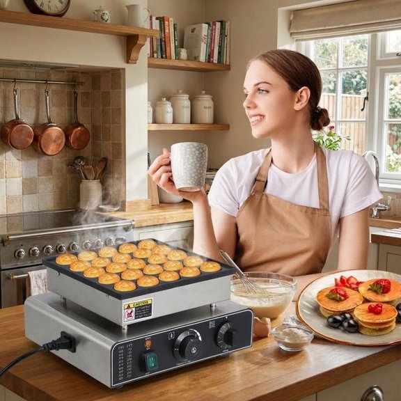 Commercial Mini Muffin & Pancake Maker, 25-Hole Nonstick, 850W Stainless Steel, Temp/Timer Control, Fast Heating for Home & Business