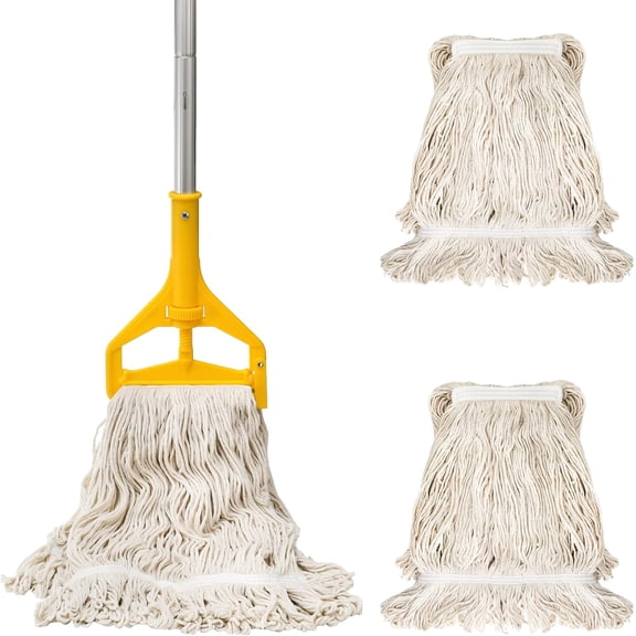 Commercial Mop with 2 Mop Heads, Industrial  Mops with 61inch Long Handle, Heavy Duty Looped-End String Wet Mops for Cleaning Office Garage Hardwood Warehouse Factory Mall Deck
