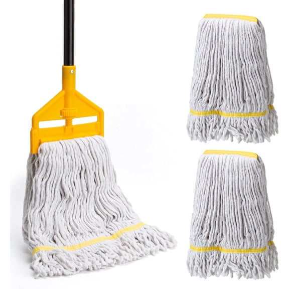 Commercial Mop with 3 Extra Large Replacement Heads, 59Inch Handle Heavy Duty Industrial Mops Looped-End String Wet Cotton Mop for Home,Kitchen,Office,Garage,Workshop, Warehouse Floor Cleaning