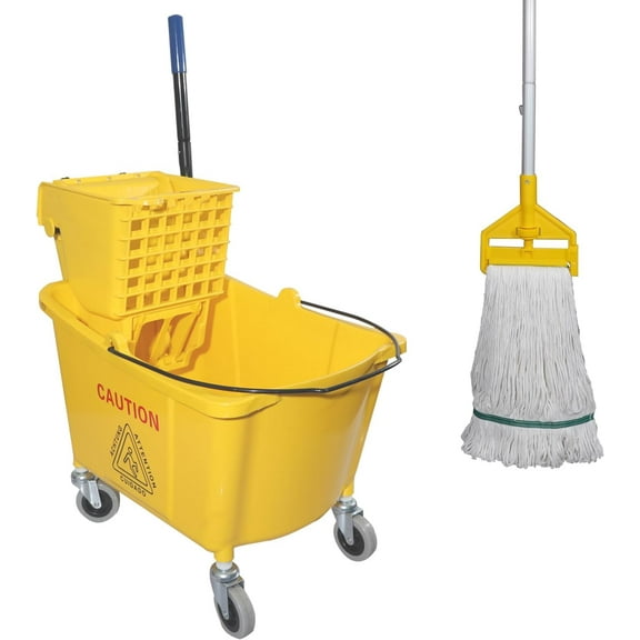 Commercial Mop Bucket with Side Press Wringer Wheels, Including One Commercial Mop, 35 Quart, Yellow