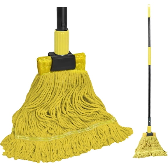 Commercial Mop Heavy Duty Industrial String Mops with 57.5 inches Long Handle, Professional Dry Wet Mop for Cleaning Hardwood Floor Concrete Tile Kitchen Office Garage (Yellow)