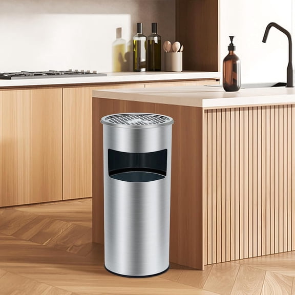 Commercial Outdoor Round Trash Can with Removable Ashtray Heavy Duty Stainless Steel Garbage Bin for Office Restaurant Garden