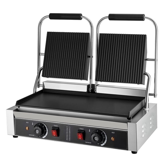 Commercial Panini Grill 3600W Electric Sandwich Maker Stainless Steel Double Press Grill with Handle Temperature Control 19x9 Inch Flat Enamel Plate for Hamburger Steak Bacon