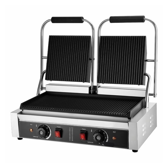 Commercial Panini Grill, 3600W Electric Sandwich Press, Stainless Steel Double Grill, Temperature Control, 19x9 inch Non-Stick Plate for Burgers, Steak, Bacon