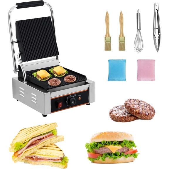 Commercial Panini Grill with Temp Control & 9" x 9" Cooking Surface for Hamburger Steak Bacon, Electric Sandwich Panini Maker, Stainless Steel Sandwich Press Grill, 110V/220V, 1800W