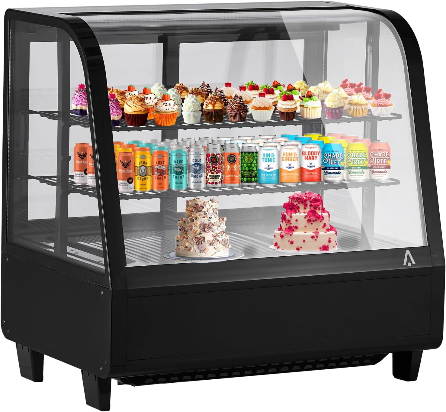 Commercial Pastry Display, a 3.5 Cu.Ft./100L Countertop Refrigerator Display Case Featuring Interior LED Lighting, Double-Layered Glass, Rear Sliding Door, and Reliable 110v Operation