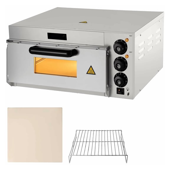 Commercial Pizza Oven Countertop 14", 1300W Electric Single Deck Pizza Maker with Stone & Shelf, Stainless Steel Indoor Oven for Restaurant & Home Baking