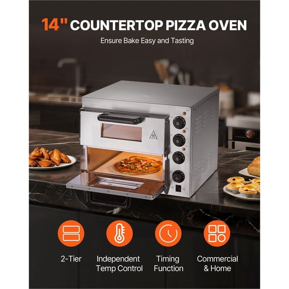 Commercial Pizza Oven Countertop, 14-Inch Double Deck Layer, Stainless Steel Electric Pizza Oven with Stone and Handle, Multipurpose Indoor Pizza Maker for Restaurant Home Pretzels Baked