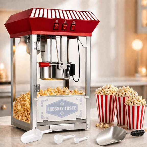 Commercial Popcorn Machine, 12 Oz Kettle, 800 W, Movie Theater Popcorn Machine, Red Tabletop Pop Corn Machine with Stainless-Steel Kettle & Steel Frame Tempered Glass Doors