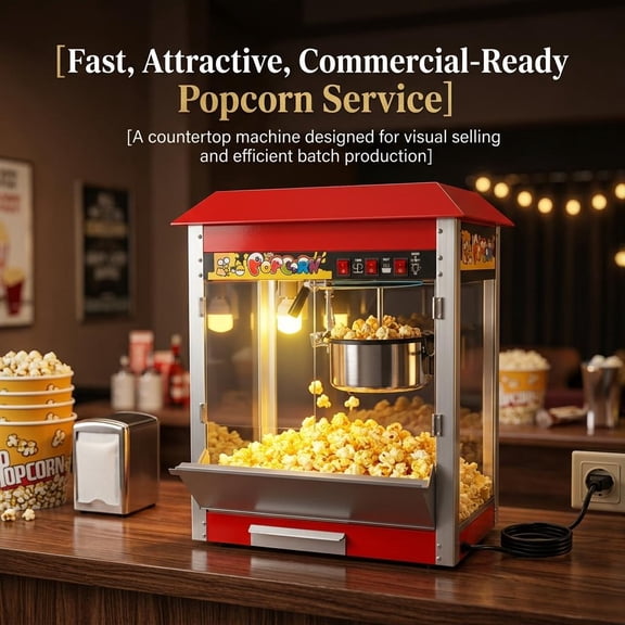Commercial Popcorn Machine, 1300W Fast Heating 8oz Kettle, 304 Stainless Steel Detachable Pot, Tempered Glass for Home Theater, Concessions, Parties, Small Businesses