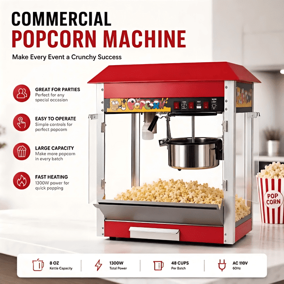 Party Popcorn Maker Machine - Vintage Theater Style Popcorn Machine With 8oz Stainless Steel Kettle, Makes Up To 48 Cups Easily