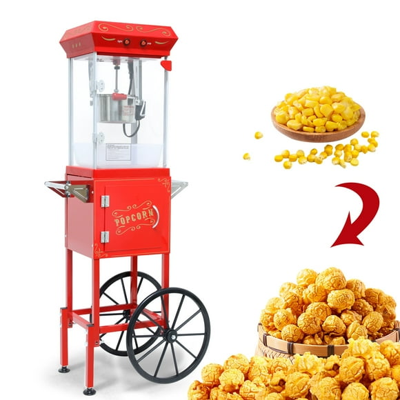 Enyopro Commercial Popcorn Machine with Cart, 480W Popcorn Maker Machine, Popcorn Popper Machine with 6oz Stainless Steel Kettle, Heated Deck, Storage Cabinet & 2 Wheels for Parties