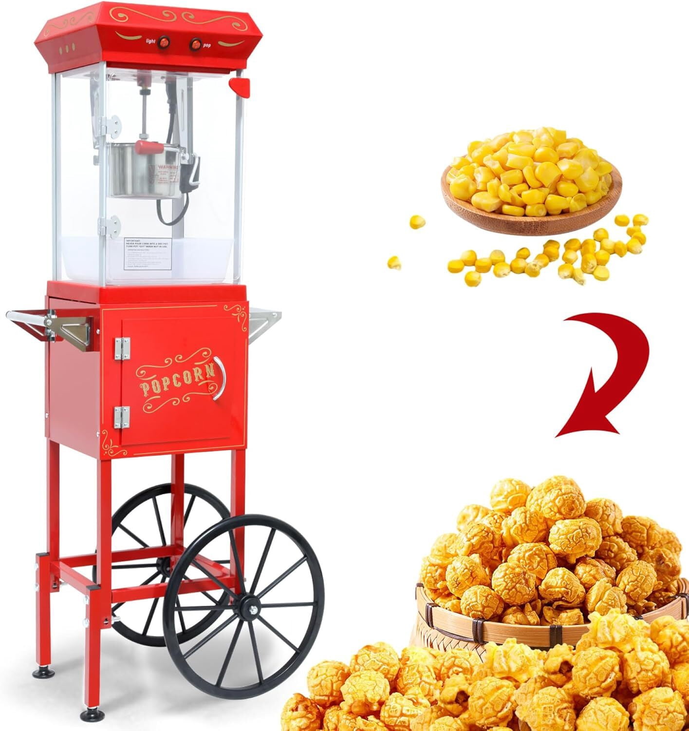 Wheel Rim Popper Commercial Popcorn Machine with Cart - 6oz Vintage Style Popper, 480W ...
