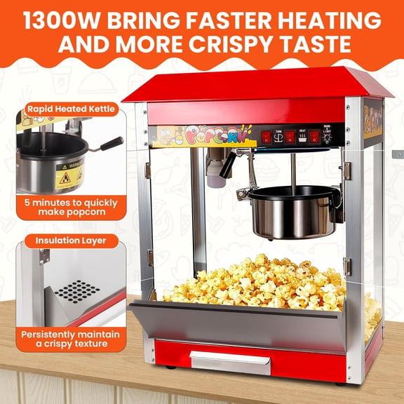 Commercial Popcorn Machine with Removable 304 Stainless Steel Kettle, 1300W Popcorn Maker for Fundraisers and Large Events