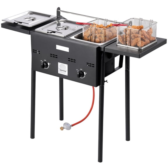 Commercial Propane Deep Fryer with Dual 8QT Tanks, Adjustable Temperature Control & Foldable Stand for Outdoor Cooking, Food Trucks, and Home Use