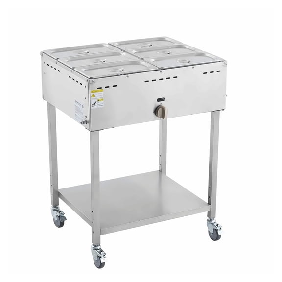 Commercial Propane Steam Table - 6 Pan LP Gas Warmer, Stainless Steel, Outdoor Camping Restaurant Soup Warmer with Wheels & Drain Valve