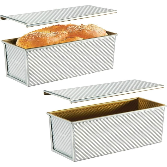 Commercial Pullman Loaf Pan with Lid 2.2 lb Dough Capacity Non-Stick Bakeware for Baking Bread Corrugated Bread Toast Box Mold Extra Large Loaf Pan Silver 2 pcs