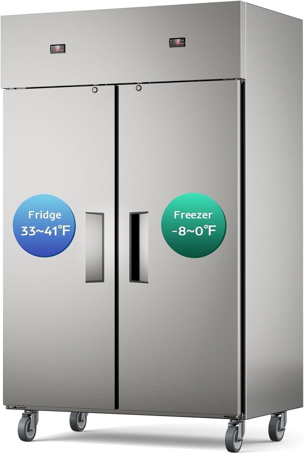 Commercial Reach-In Freezer Refrigerator Combo, 38 Cu.ft 2-Door Stainless Steel, Auto Defrost with Wheels for Restaurant, Bar, Shop