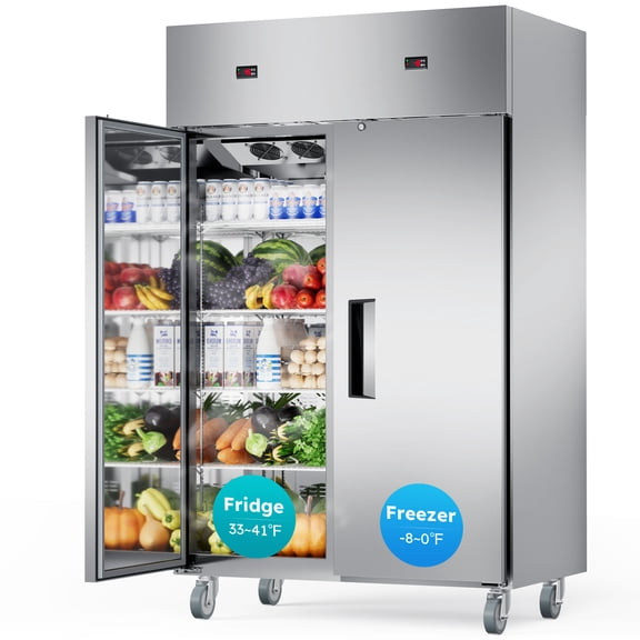 Commercial Reach-In Refrigerator Freezer Combo, 38 Cu. Ft. 2-Door Stainless Steel Commercial Freezer Refrigerator, Dual Compressor, Auto Defrost, with Casters for Restaurant, Bar & Shop