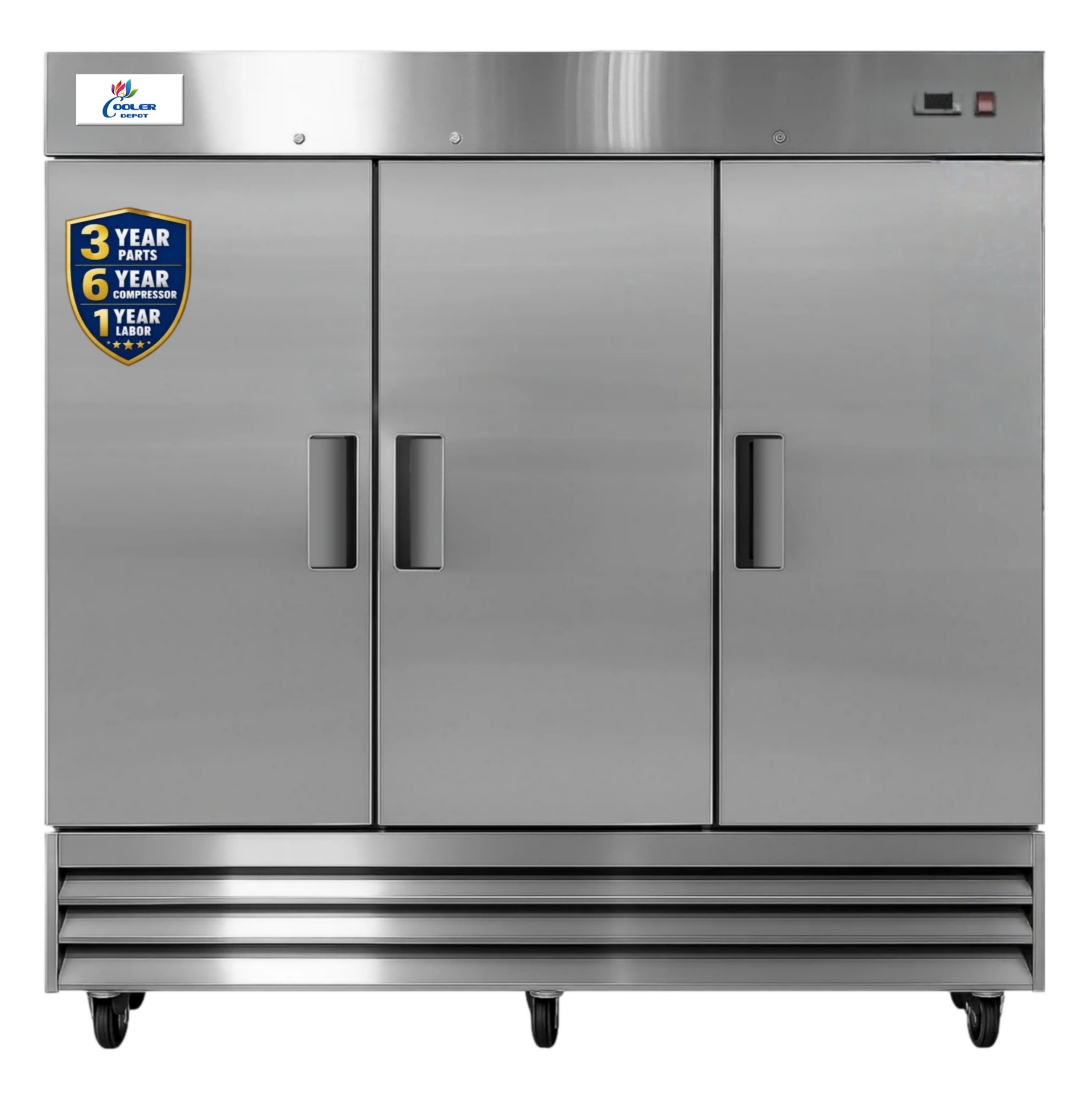 Commercial 81 in Reach-In Refrigerator, 72 Cu Ft, 3 Solid Door Stainless Steel Upright Refrigerator with Self-Closing Doors, Lock & Casters, NSF Commercial Kitchen Refrigerator, Cooler Depot