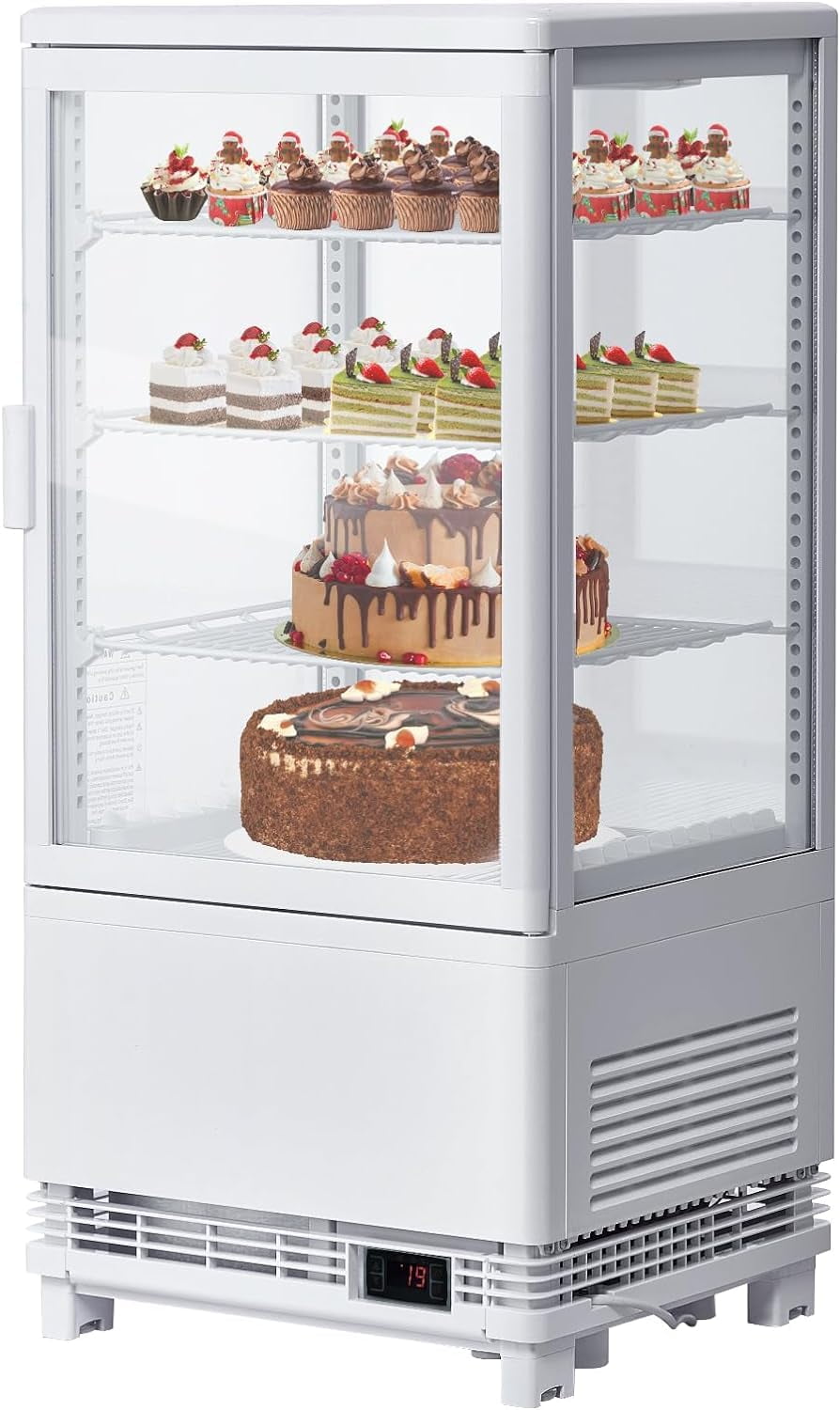 Commercial Refrigerator, 2.8Cu. FT Glass Refrigerator Display Case Countertop with Adjustable Shelves, Interior LED Lighting, Display Fridge for Pastry Cake Restaurant, Auto Defrost, White