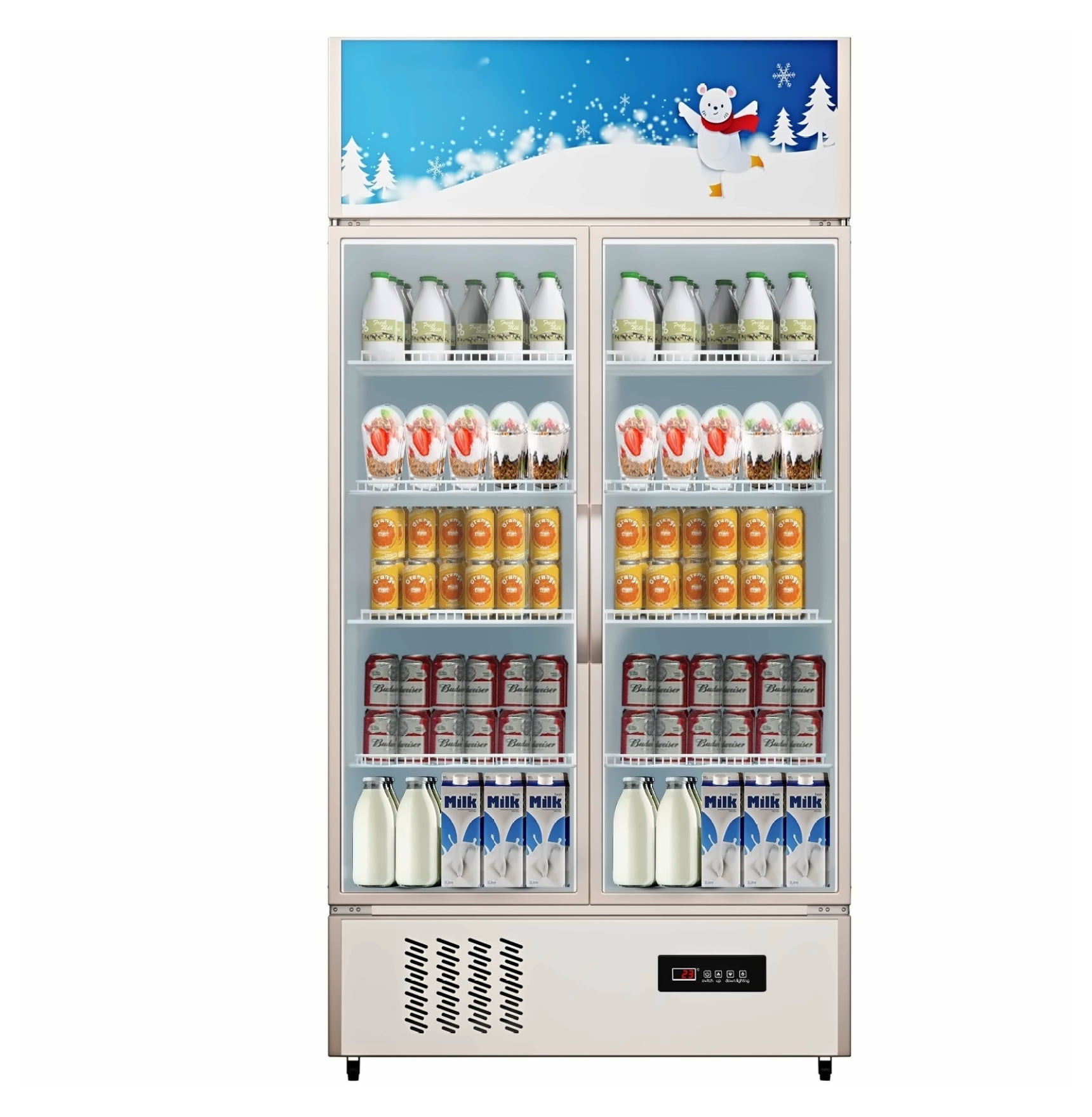 Commercial Refrigerator 23 cu.ft. Glass Door Display Fridge, Beverage Cooler for Store, Home, Office, Gym - LED Lit, Double Swing Door