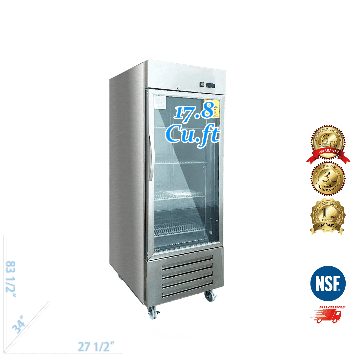 Commercial Refrigerator 27 /2 inch , 17.8 cu.ft, Glass Door Stainless Steel Frame Merchandiser, NSF certified