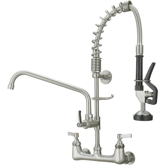 Commercial Restaurant Pull Down 2-Handle Wall Mount Pre-Rinse Spray Utility Kitchen Faucet in Brushed Nickel