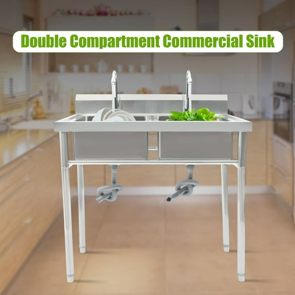 Commercial Restaurant Utility Kitchen Sink 2 Large Compartment Stainless Steel