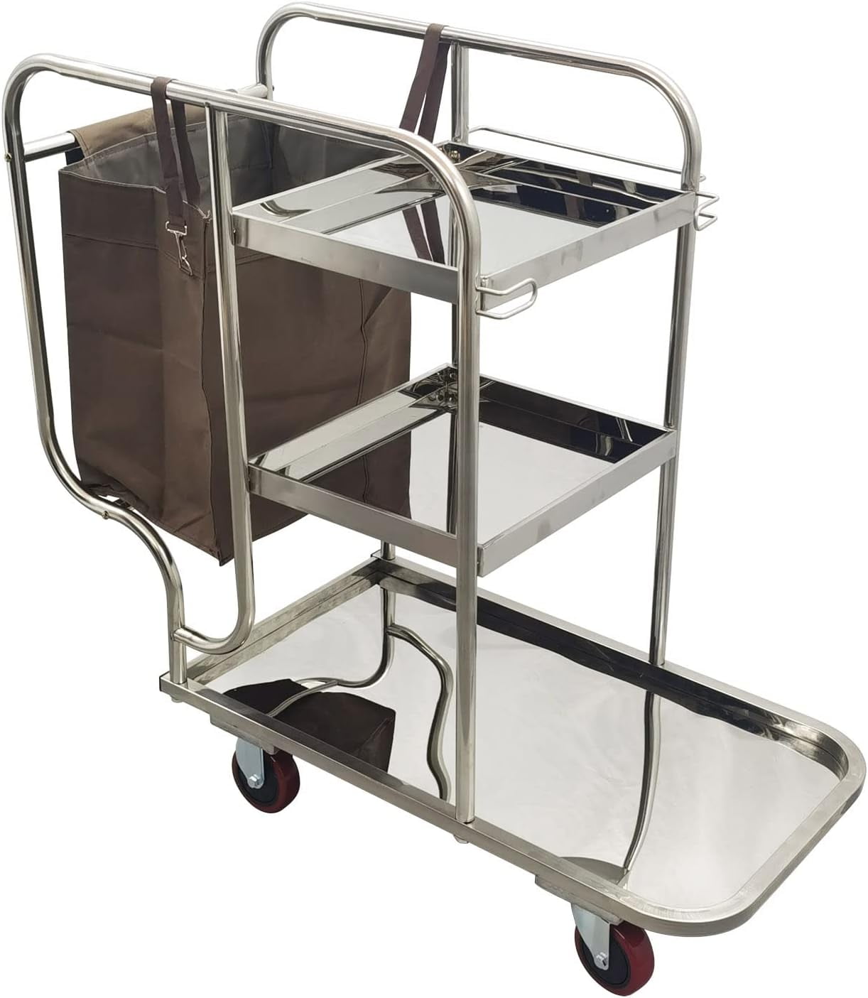 Commercial Room Cleaning Push Cart Janitor Cart Kitchen Trolley with Cloth Bag Stainless Steel 3 Shelf Hotels Housekeeping Cleaning Tools