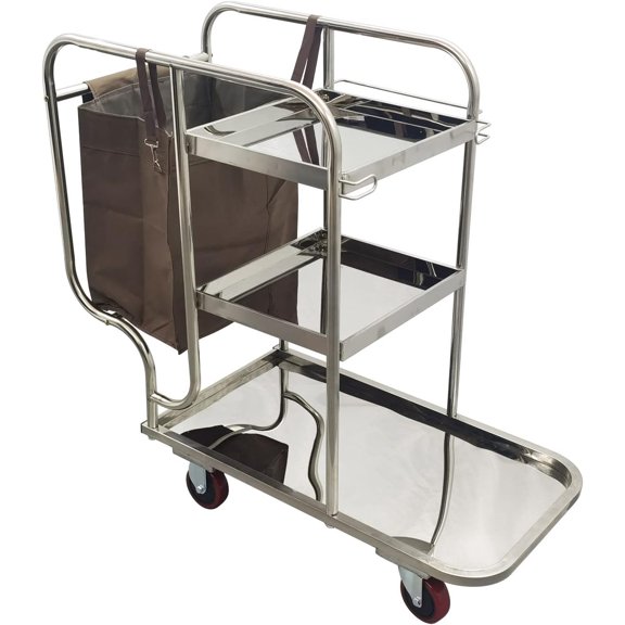 Commercial Room Cleaning Push Cart Janitor Cart Kitchen Trolley with Cloth Bag Stainless Steel 3 Shelf Hotels Housekeeping Cleaning Tools