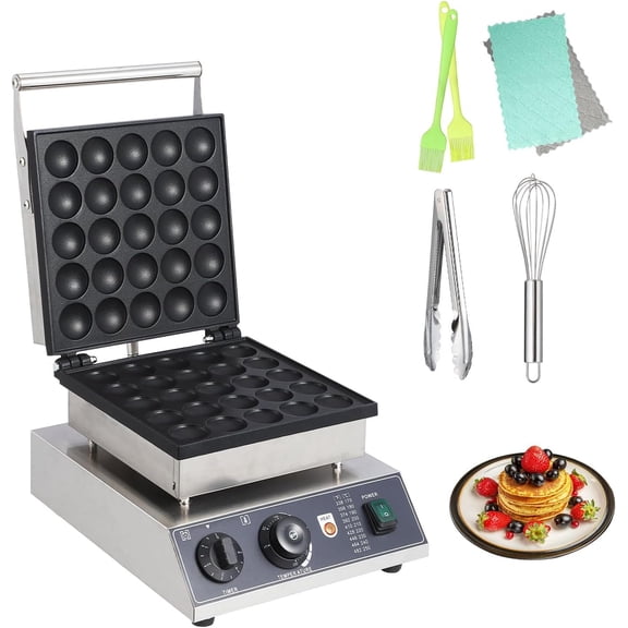 Commercial Round Muffin Maker 25 Hole Flip Top Non-Stick Waffle Maker Stainless Steel 110V Temperature and Time Control Heart Belgian Waffle Maker Ideal for Restaurant, Snack Bar and Home Use