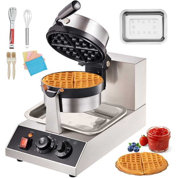 Commercial Round Waffle Maker 1300W, Rotatable & Non-Stick, 120V - Create Perfect Waffles Easily