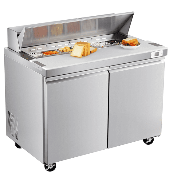 Commercial Sandwich Prep Table, Stainless Steel Double Door - 12.5 Cu.Ft - Restaurant Refrigerated Work Table with Pans - NSF Certified