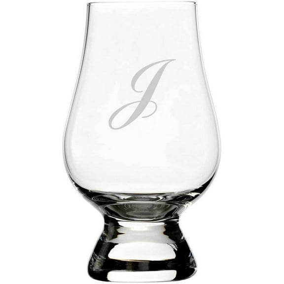Commercial Script Etched Monogram Glencairn Crystal Whisky Glass Letter J